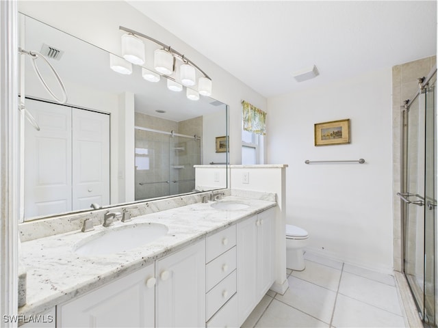 bathroom with double vanity, a sink, a stall shower, and visible vents