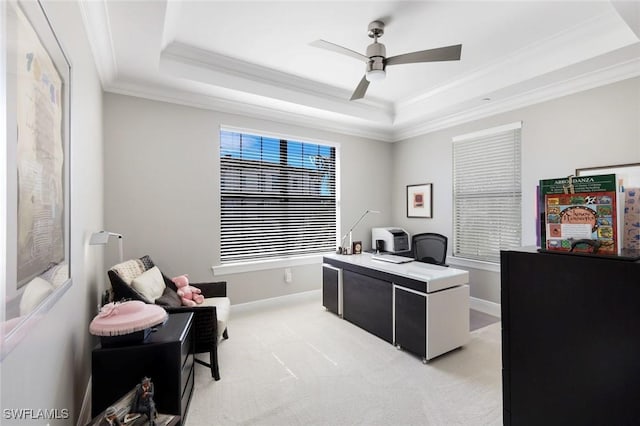 16445 Carrara Way Unit 201, Naples, FL 34110 - office space featuring a raised ceiling, ornamental molding, a ceiling fan, light colored carpet, and baseboards