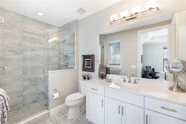 16445 Carrara Way Unit 201, Naples, FL 34110 - bathroom featuring a stall shower, toilet, marble look tiles, vanity, and recessed lighting