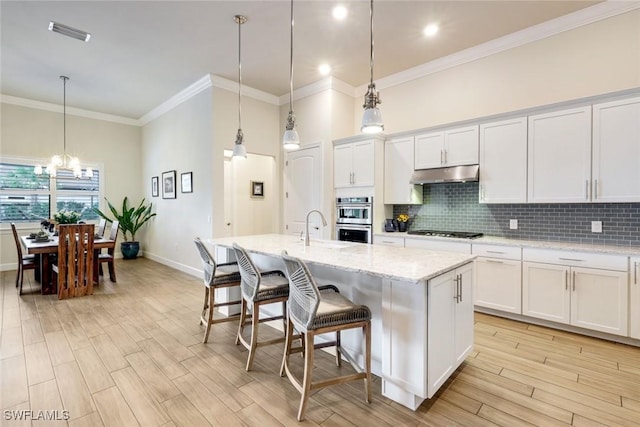 kitchen with stainless steel appliances, light wood-style floors, under cabinet range hood, and tasteful backsplash