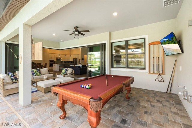 rec room with recessed lighting, billiards, visible vents, a ceiling fan, and stone finish flooring