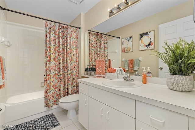 bathroom featuring vanity, shower / bath combination with curtain, tile patterned flooring, and toilet