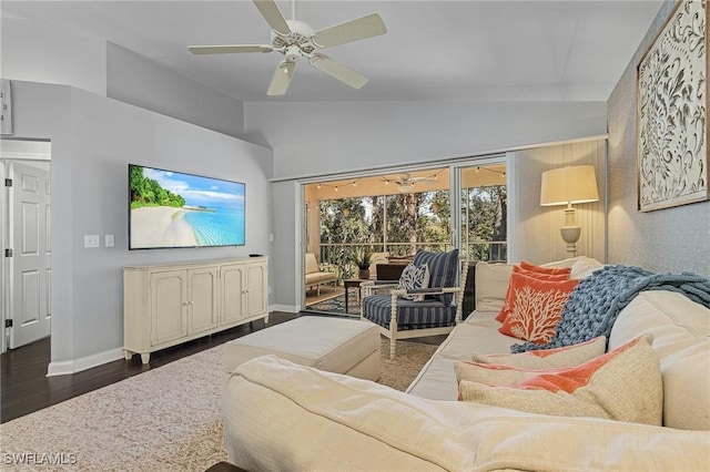 living area featuring ceiling fan, baseboards, wood finished floors, and lofted ceiling