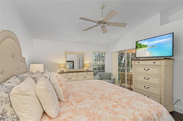 bedroom featuring access to outside, wood finished floors, vaulted ceiling, and ceiling fan