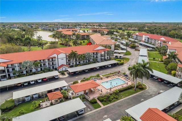 drone / aerial view featuring a water view