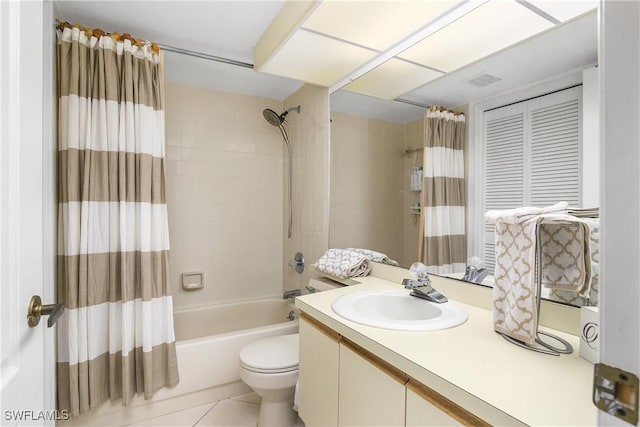 full bath with toilet, visible vents, vanity, tile patterned floors, and shower / bathtub combination with curtain