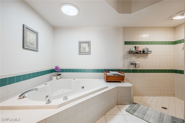 bathroom with tile patterned flooring, a tile shower, and a bath