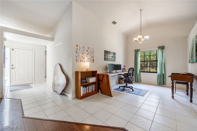 home office with light tile patterned floors, visible vents, an inviting chandelier, high vaulted ceiling, and baseboards