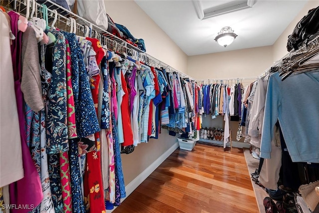 walk in closet featuring wood finished floors and attic access