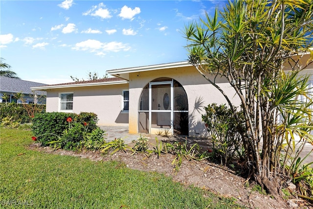 back of property featuring a patio, a lawn, and stucco siding