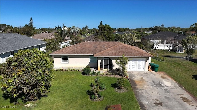 single story home featuring a garage, a front yard, concrete driveway, and stucco siding