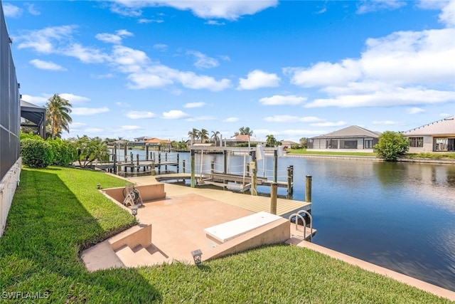 dock area with boat lift, a water view, a lawn, a residential view, and a lanai