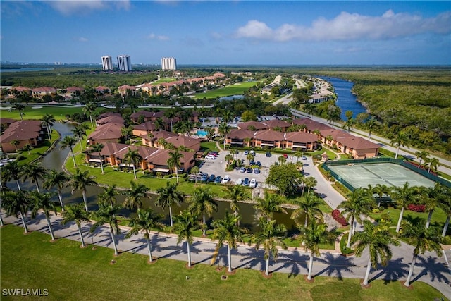 bird's eye view with a water view