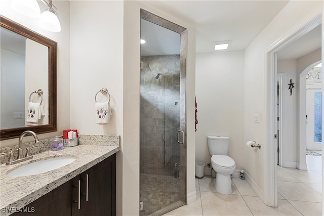 bathroom with toilet, tile patterned floors, a shower stall, and vanity