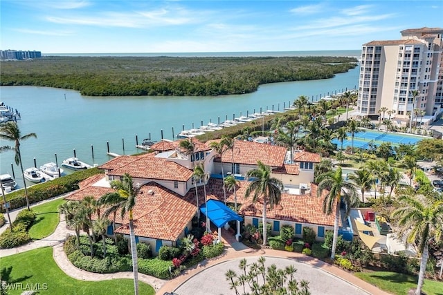 bird's eye view with a water view