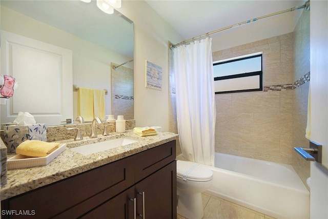 full bathroom featuring vanity, shower / bath combination with curtain, and toilet