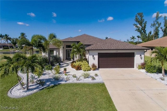 view of front of home with driveway, a garage, a front lawn, and stucco siding