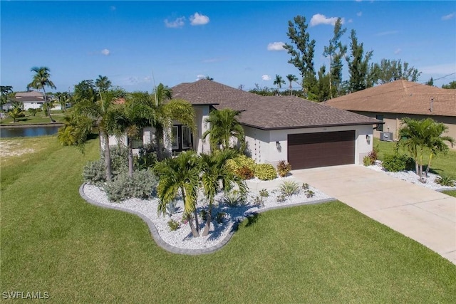 view of front of home with driveway, a water view, an attached garage, a front yard, and stucco siding