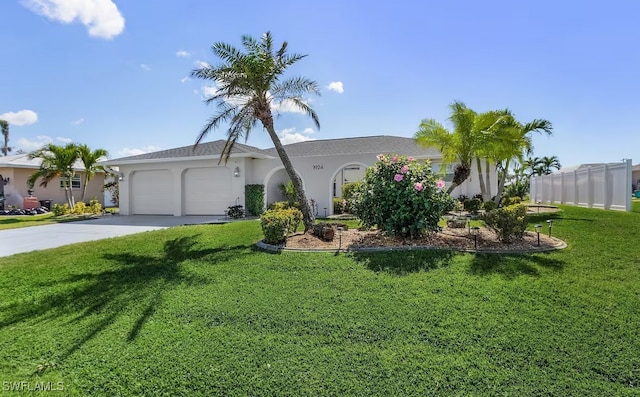 single story home featuring driveway, a front lawn, an attached garage, and stucco siding