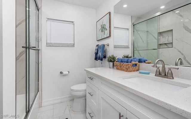 full bath featuring toilet, vanity, baseboards, marble finish floor, and an enclosed shower