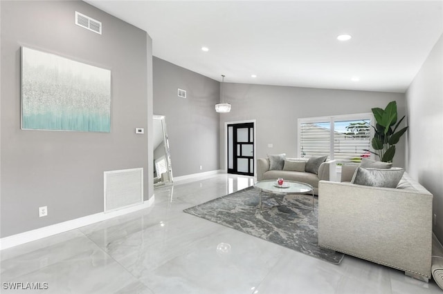 living area featuring lofted ceiling, visible vents, baseboards, and recessed lighting