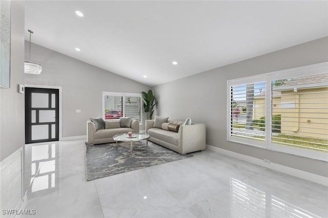 living area with visible vents, baseboards, vaulted ceiling, and recessed lighting