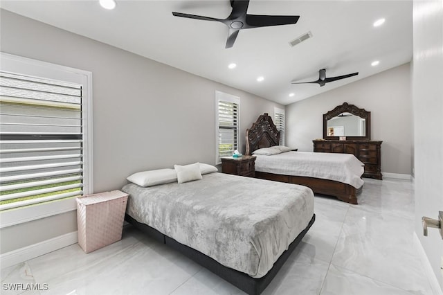 bedroom with marble finish floor, recessed lighting, visible vents, and baseboards