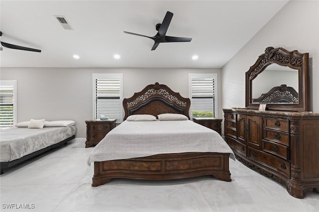 bedroom with recessed lighting, visible vents, and ceiling fan