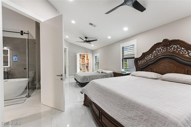 bedroom with a walk in closet, lofted ceiling, recessed lighting, visible vents, and a ceiling fan