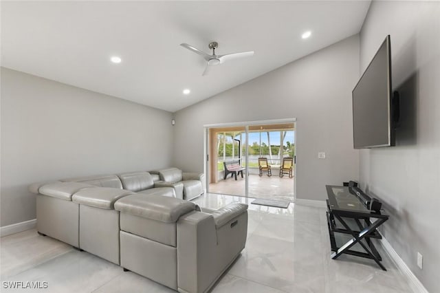 living room featuring ceiling fan, baseboards, and recessed lighting