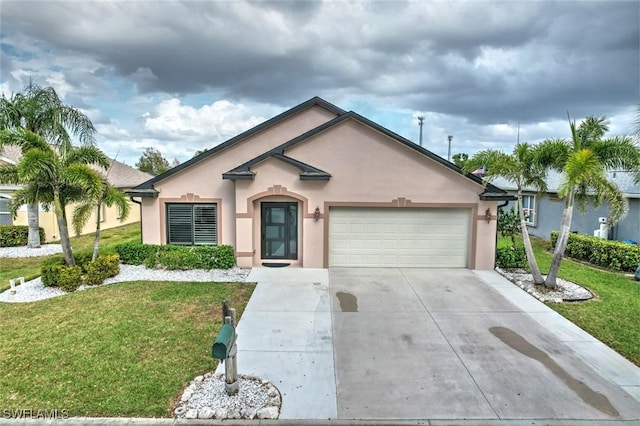 ranch-style home featuring driveway, a front lawn, an attached garage, and stucco siding