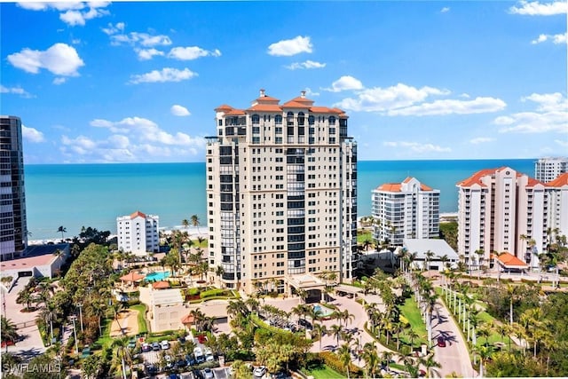 birds eye view of property featuring a city view and a water view