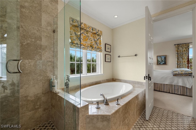 ensuite bathroom featuring a stall shower, ensuite bath, a garden tub, and crown molding