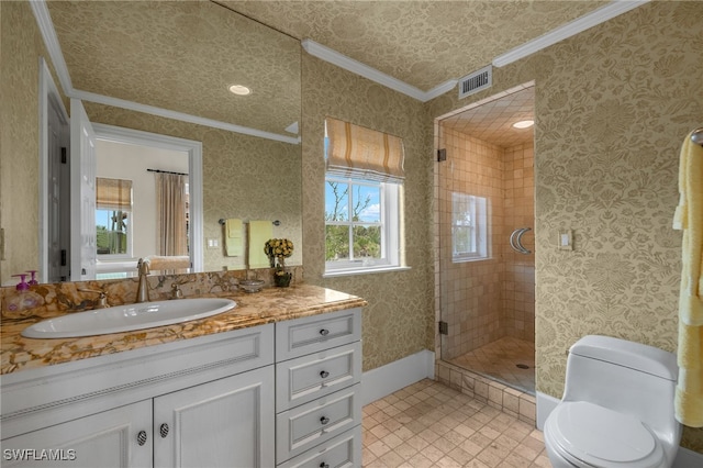 bathroom featuring toilet, visible vents, ornamental molding, a stall shower, and wallpapered walls