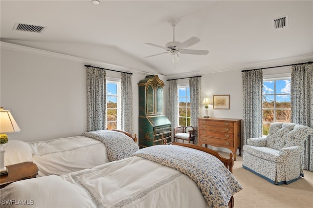 bedroom with light carpet, multiple windows, visible vents, and ornamental molding