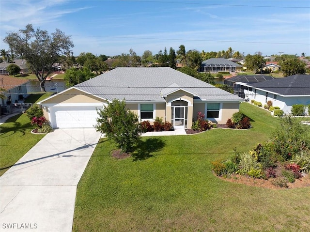 ranch-style house with a garage, concrete driveway, a front lawn, and stucco siding