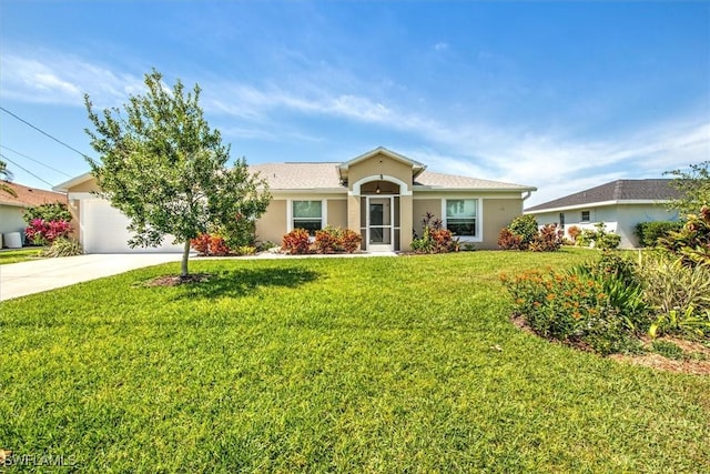 single story home featuring a garage, concrete driveway, a front yard, and stucco siding