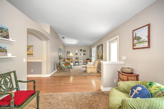 carpeted living area with visible vents, baseboards, and wood finished floors