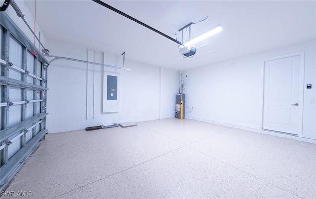 garage featuring water heater, electric panel, and a garage door opener