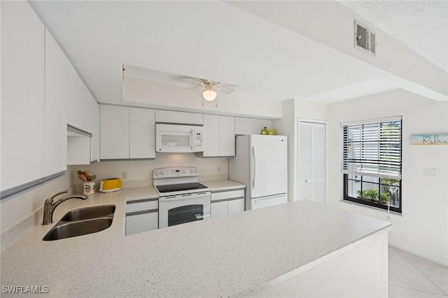 kitchen featuring light countertops, visible vents, a sink, white appliances, and a peninsula