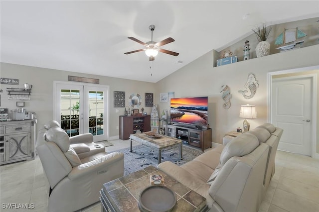 tiled living room featuring a ceiling fan, french doors, vaulted ceiling, and baseboards