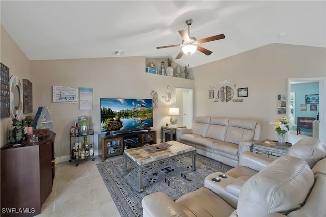 living area with lofted ceiling, visible vents, ceiling fan, and light tile patterned floors