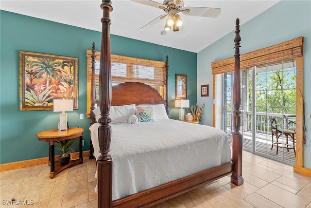 tiled bedroom featuring baseboards, ceiling fan, vaulted ceiling, and access to outside