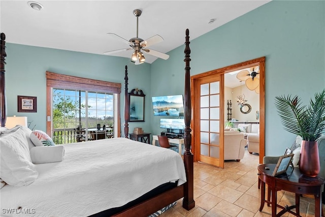 bedroom featuring access to exterior, a ceiling fan, and lofted ceiling