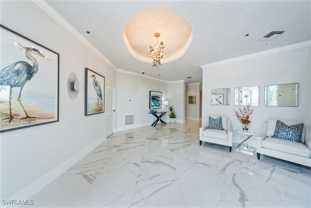 4811 Island Pond Ct Unit 705, Bonita Springs, FL 34134 - sitting room featuring visible vents, crown molding, baseboards, a tray ceiling, and marble finish floor