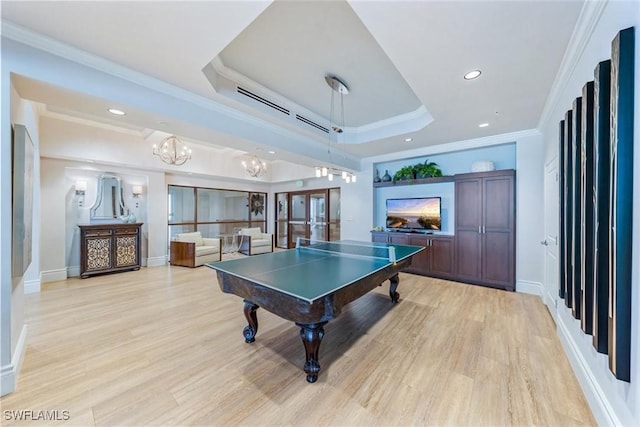 4811 Island Pond Ct Unit 705, Bonita Springs, FL 34134 - game room with ornamental molding, a tray ceiling, recessed lighting, light wood finished floors, and baseboards