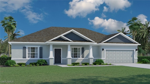 craftsman-style house featuring driveway, a front lawn, an attached garage, and stucco siding