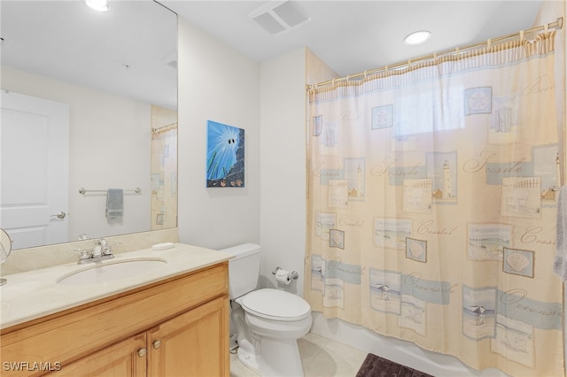 full bathroom featuring shower / bath combination with curtain, visible vents, toilet, vanity, and tile patterned flooring