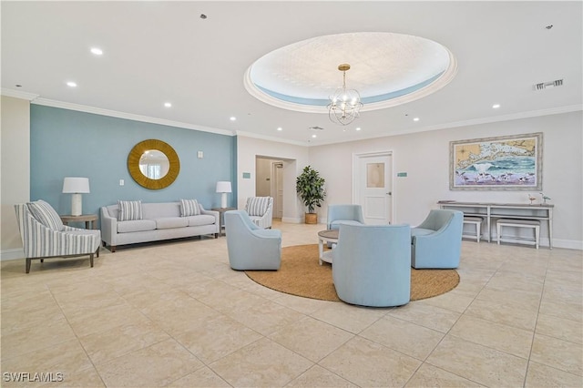 tiled living room with a chandelier, visible vents, ornamental molding, and baseboards