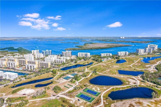 bird's eye view with a view of city and a water view